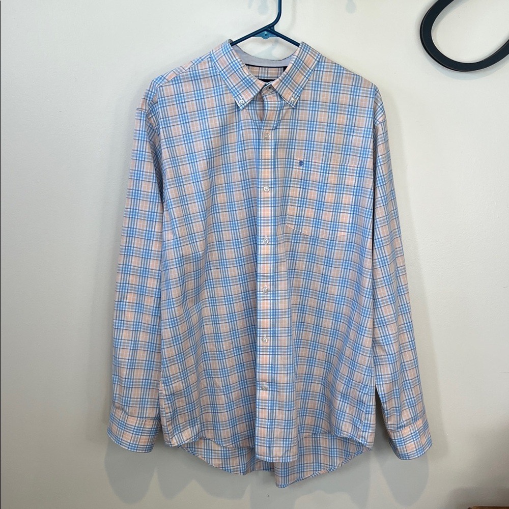 Izod Blue and Peach Plaid Long Sleeve Button Down Dress Shirt